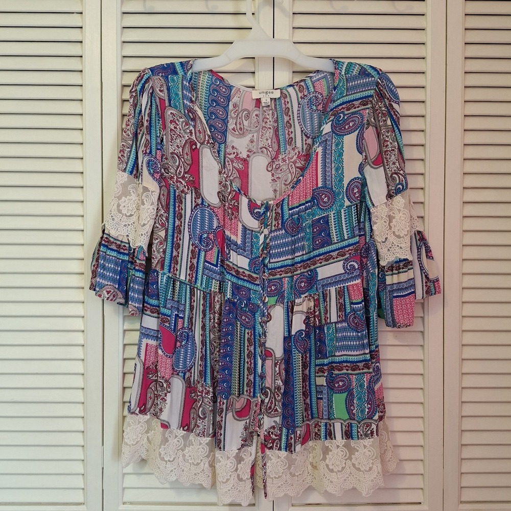 Umgee USA Womens Size S Button Up Top Blouse Boho Crochet Lace 3/4 Sleeve Flaw